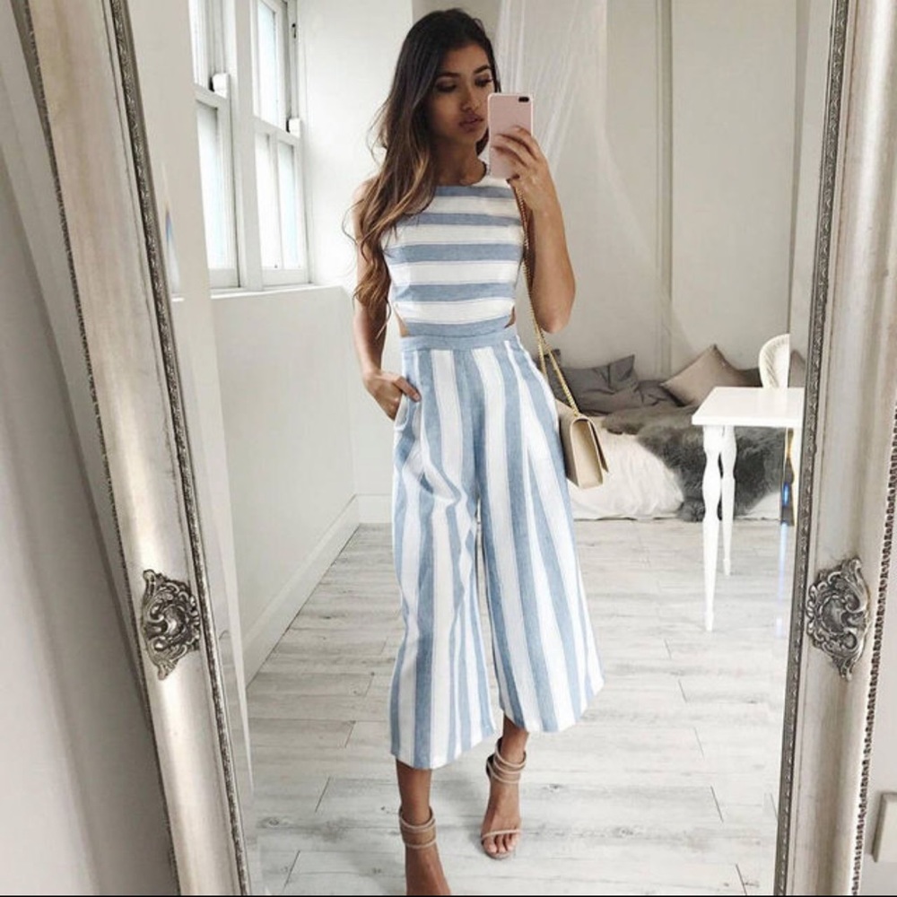 OUT DREAM YOURSELF JUMPSUIT IN BLUE STRIPE LINEN LOOK
